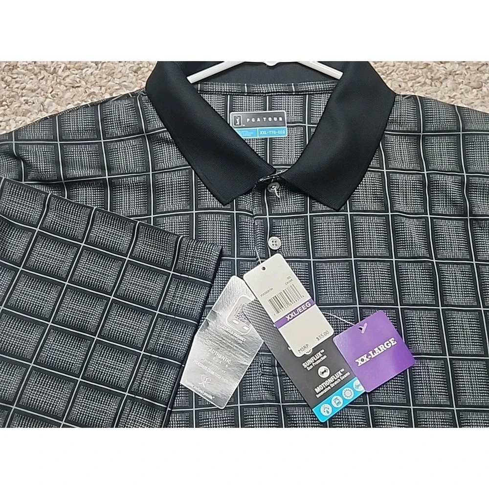 PGA Tour Black Plaid Polo Shirt Men's Short Sleeve  NWT $55 ‎ XXL
